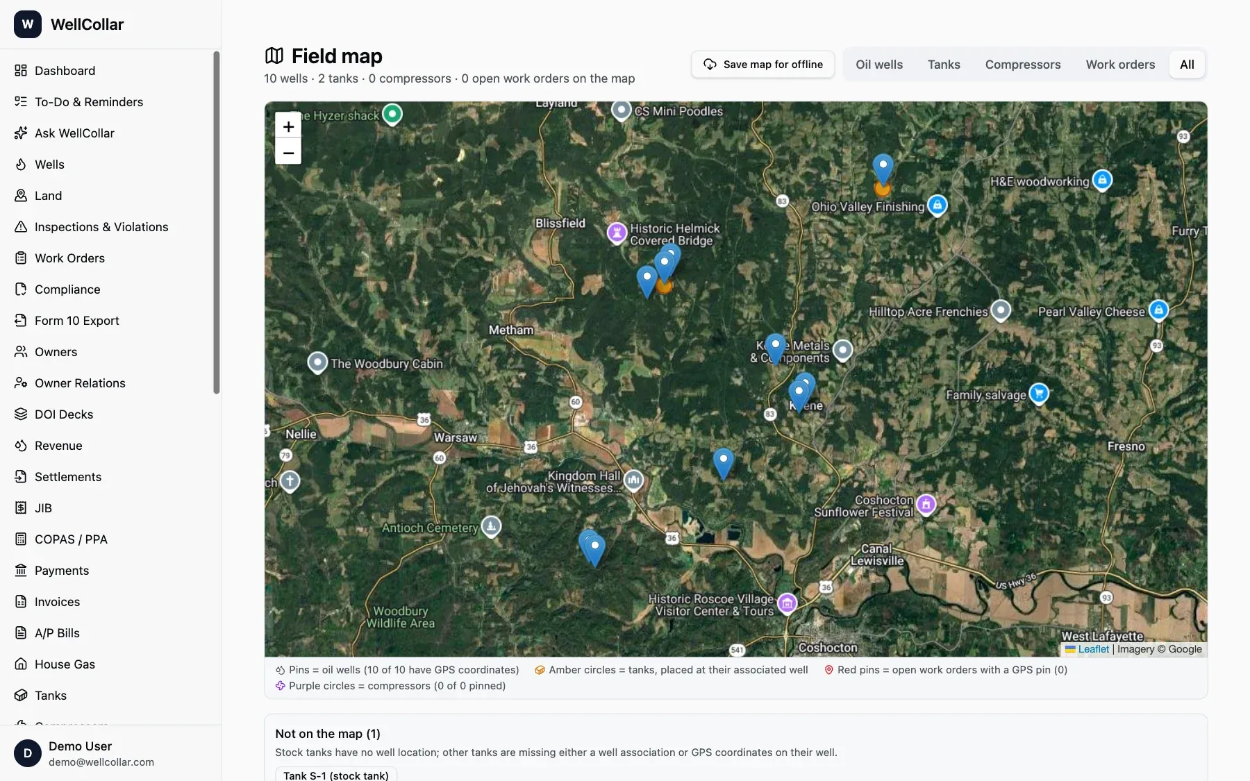 WellCollar field map with wells and tanks