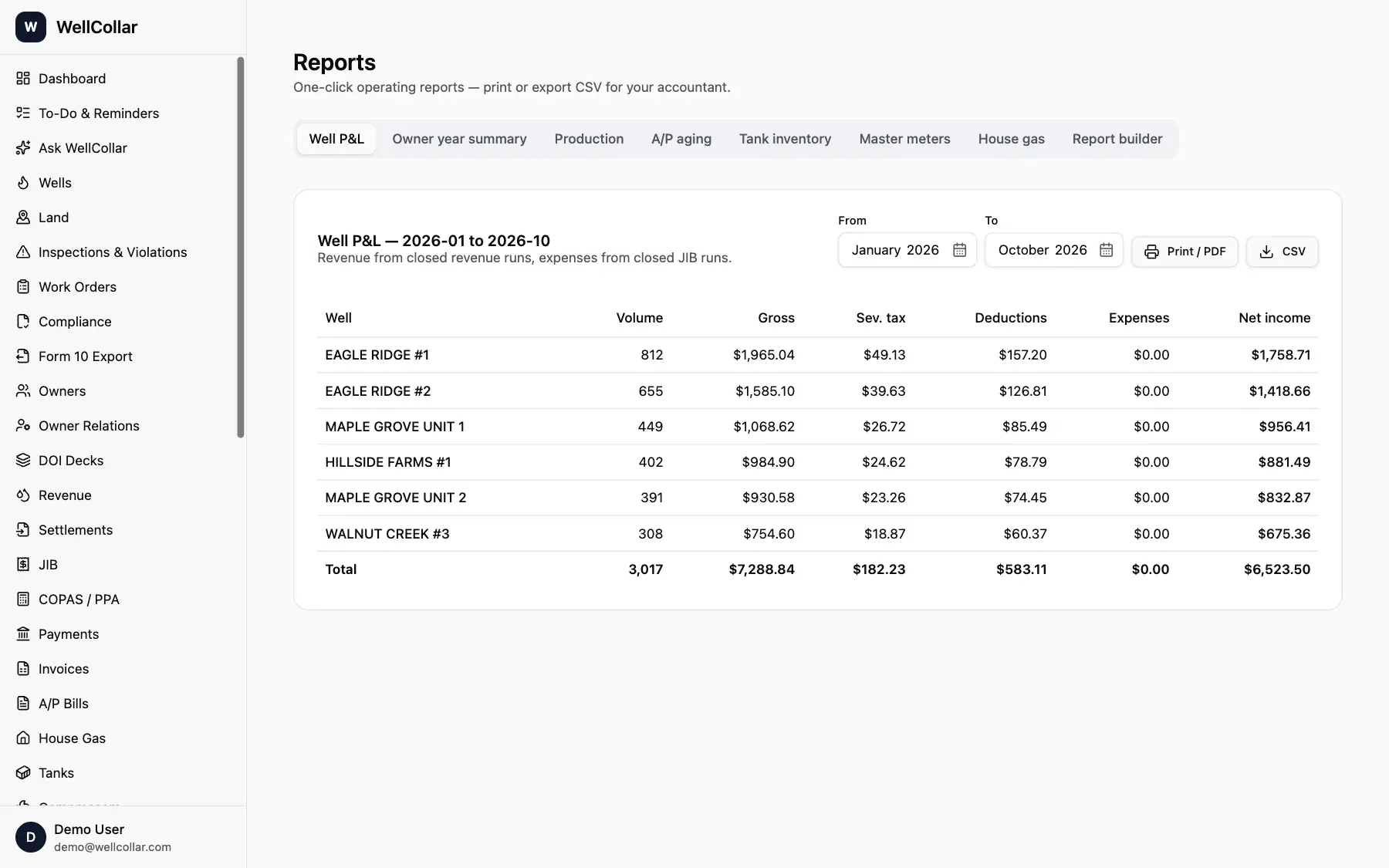 WellCollar well P&L report