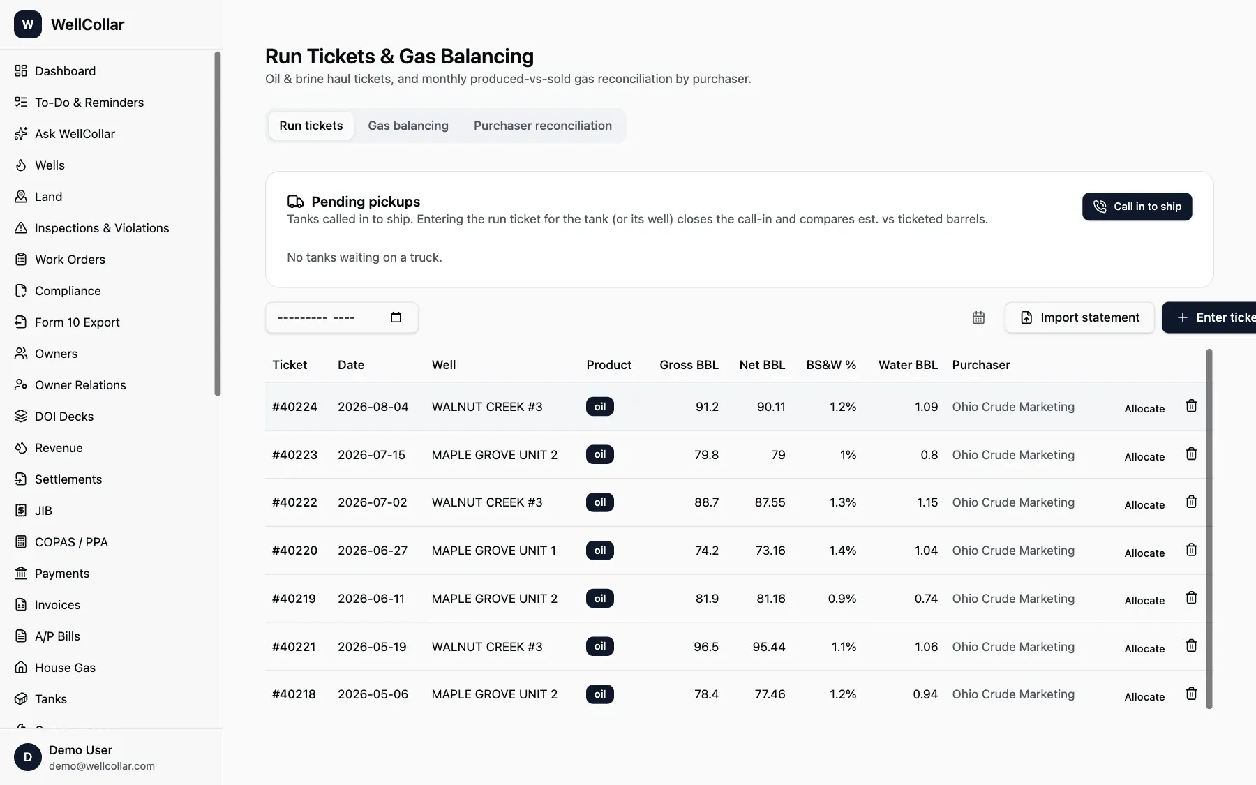 WellCollar run tickets with gross and net barrels